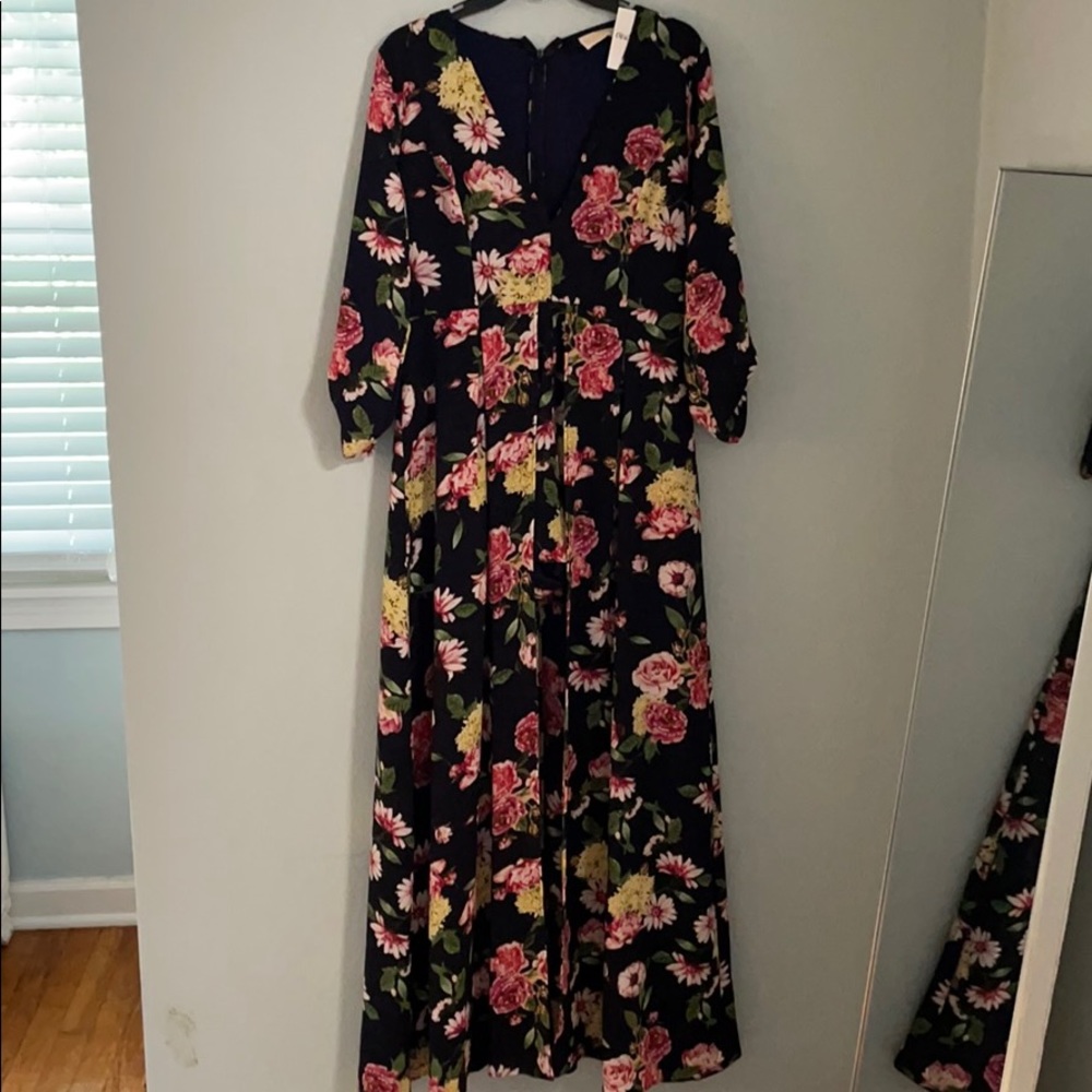 Navy floral romper with maxi skirt overlay